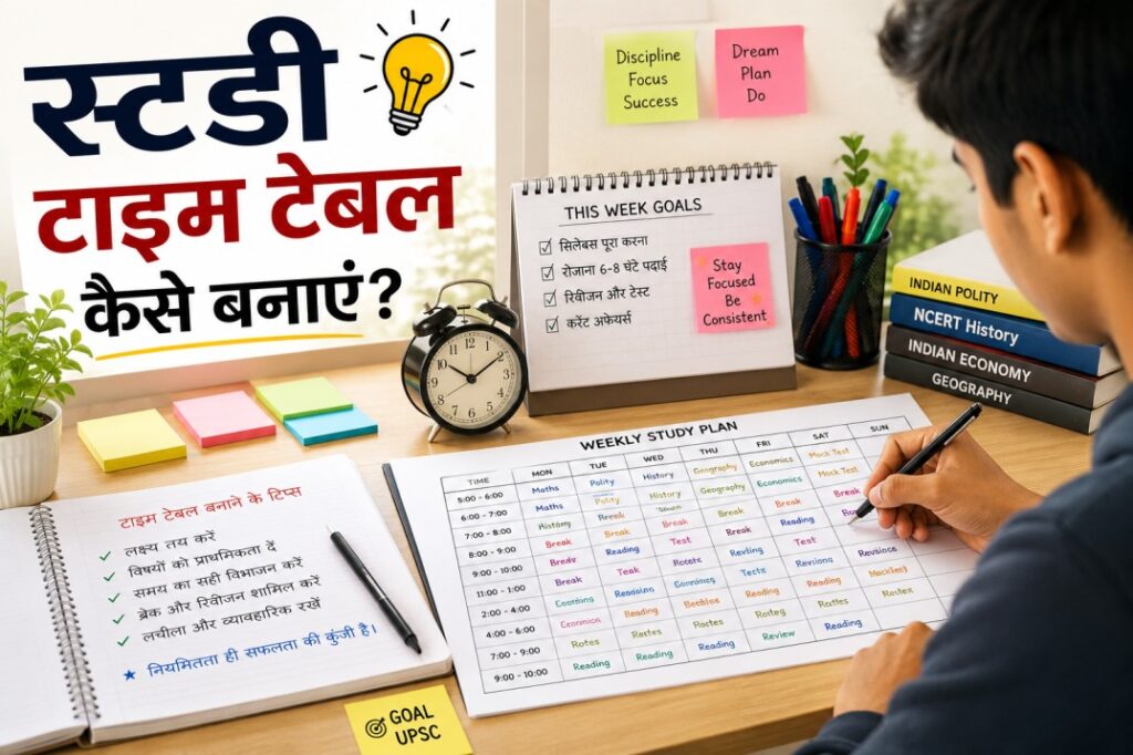 नोटबुक में स्टडी टाइम टेबल बनाता हुआ छात्र