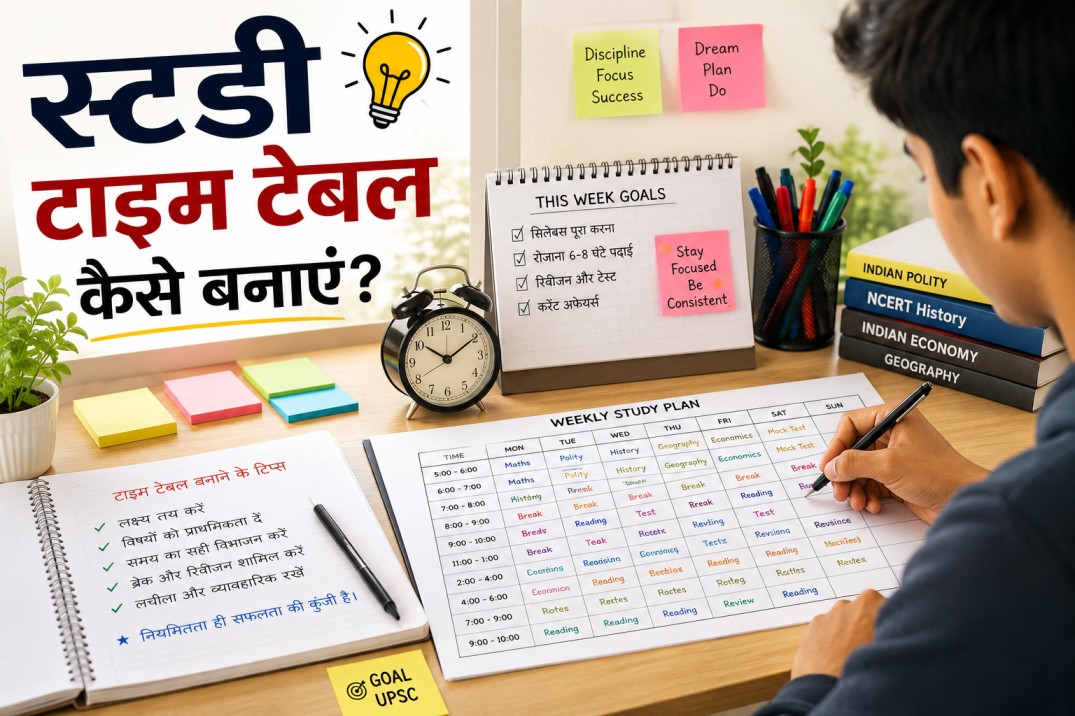 नोटबुक में स्टडी टाइम टेबल बनाता हुआ छात्र