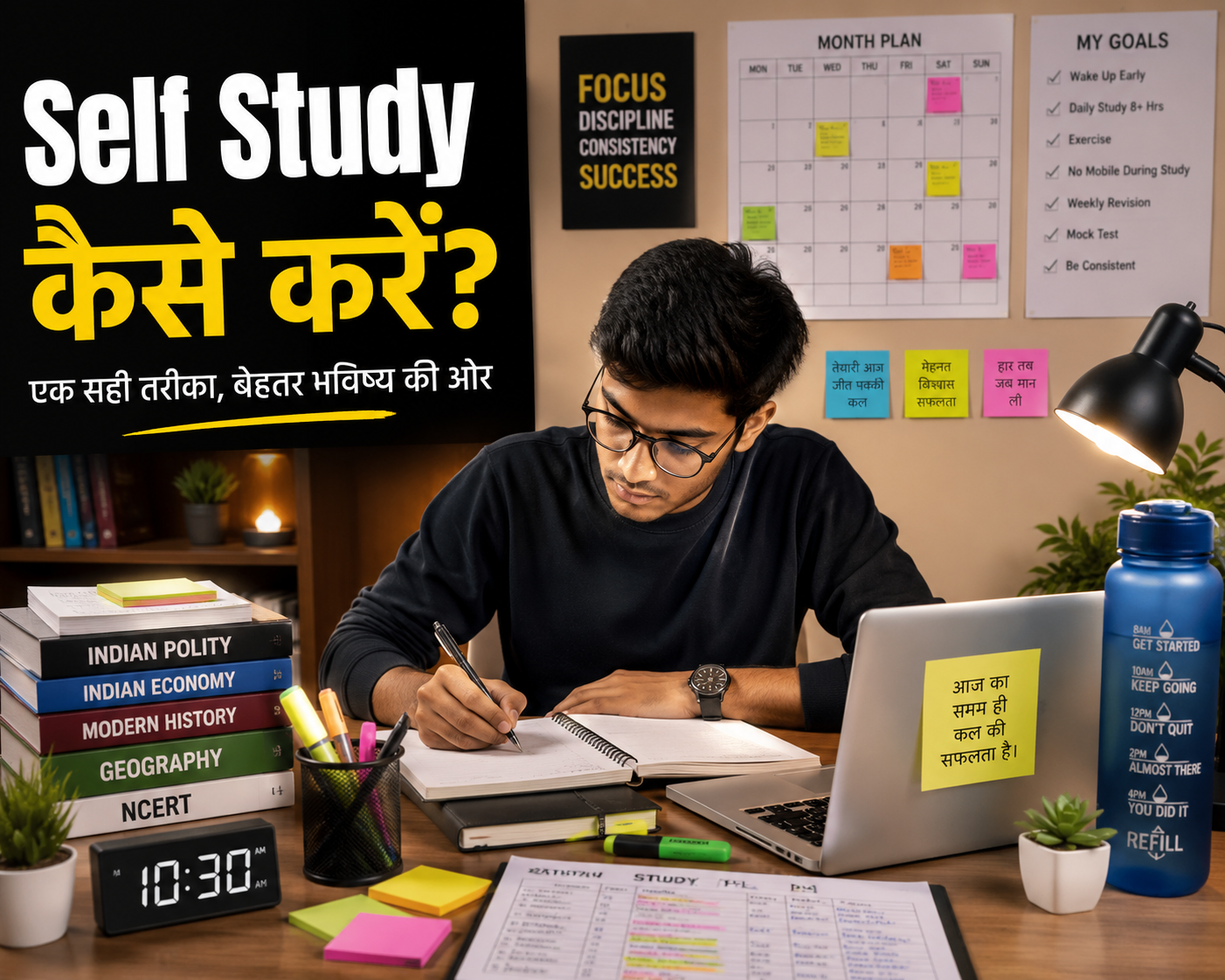 घर पर नोट्स बनाते हुए Self Study करता छात्र